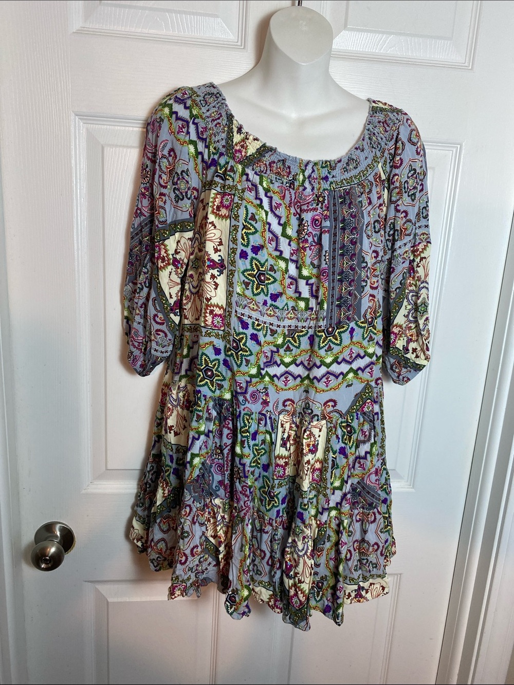 Bohemian Printed Peasant Tunic Multicolor Viscose Top Blouse Size 4/6